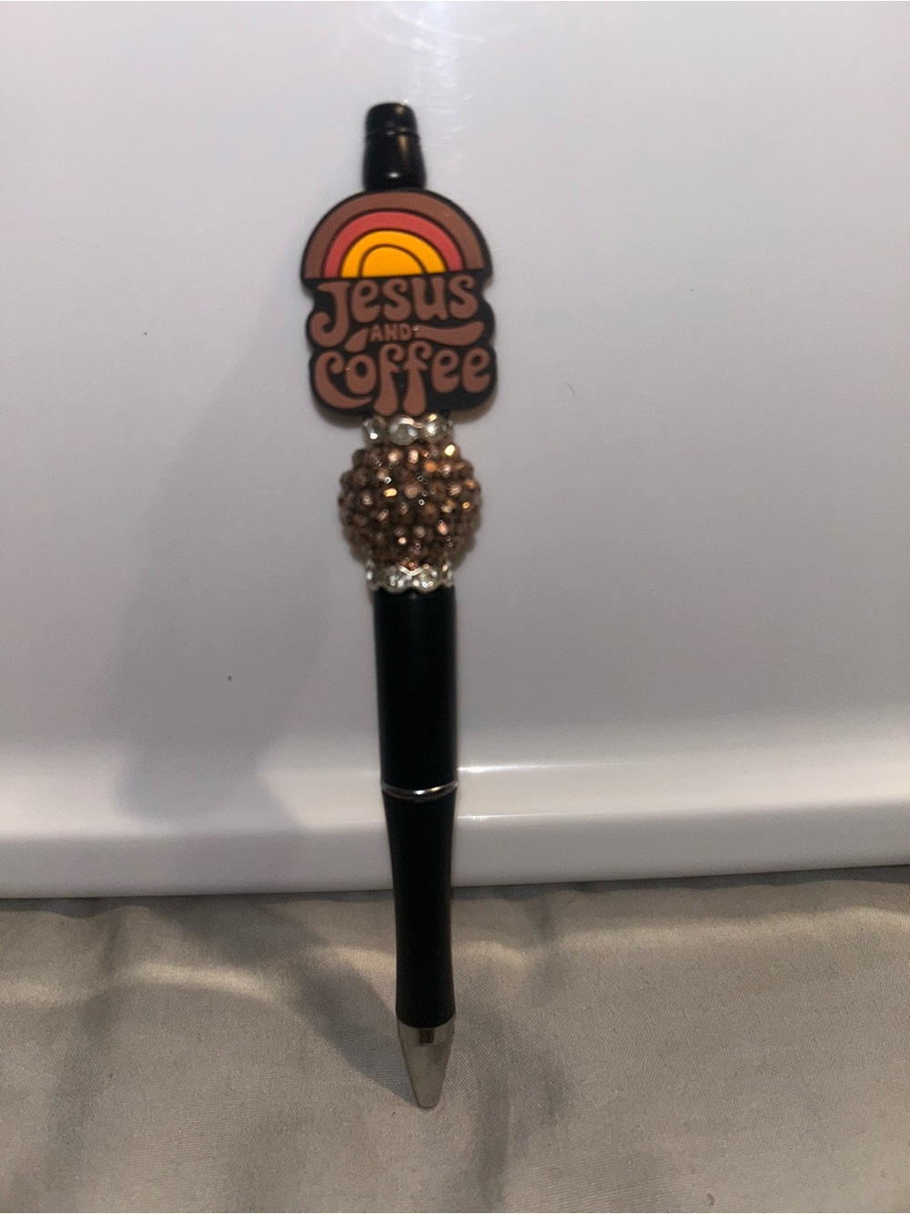 Jesus and Coffee Pen Topper on Black Pen - Brown/Gold Accent